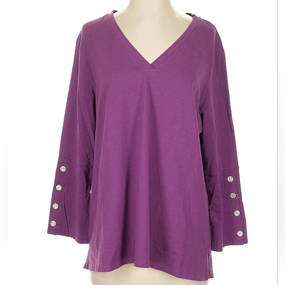 Hinson Wu Christy 3/4 Sleeve Tailored Knit VNeck Tee Shirt Boysenberry Sz S NWT - Picture 2 of 13